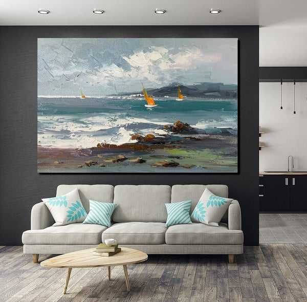 Large Paintings on Canvas, Canvas Paintings Behind Sofa, Landscape Painting for Living Room, Sail Boat at Sea Paintings, Heavy Texture Paintings-ArtWorkCrafts.com